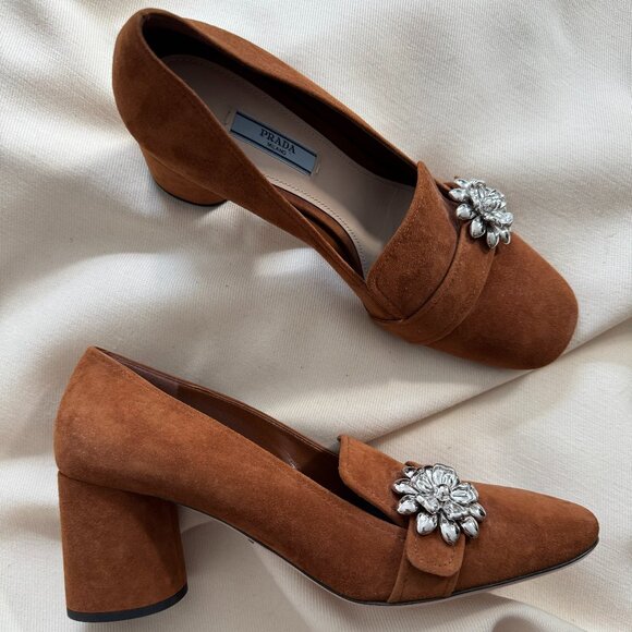 Prada Shoes - PRADA Ornament-embellished Suede Loafer Pump In Palissaedro, size 40